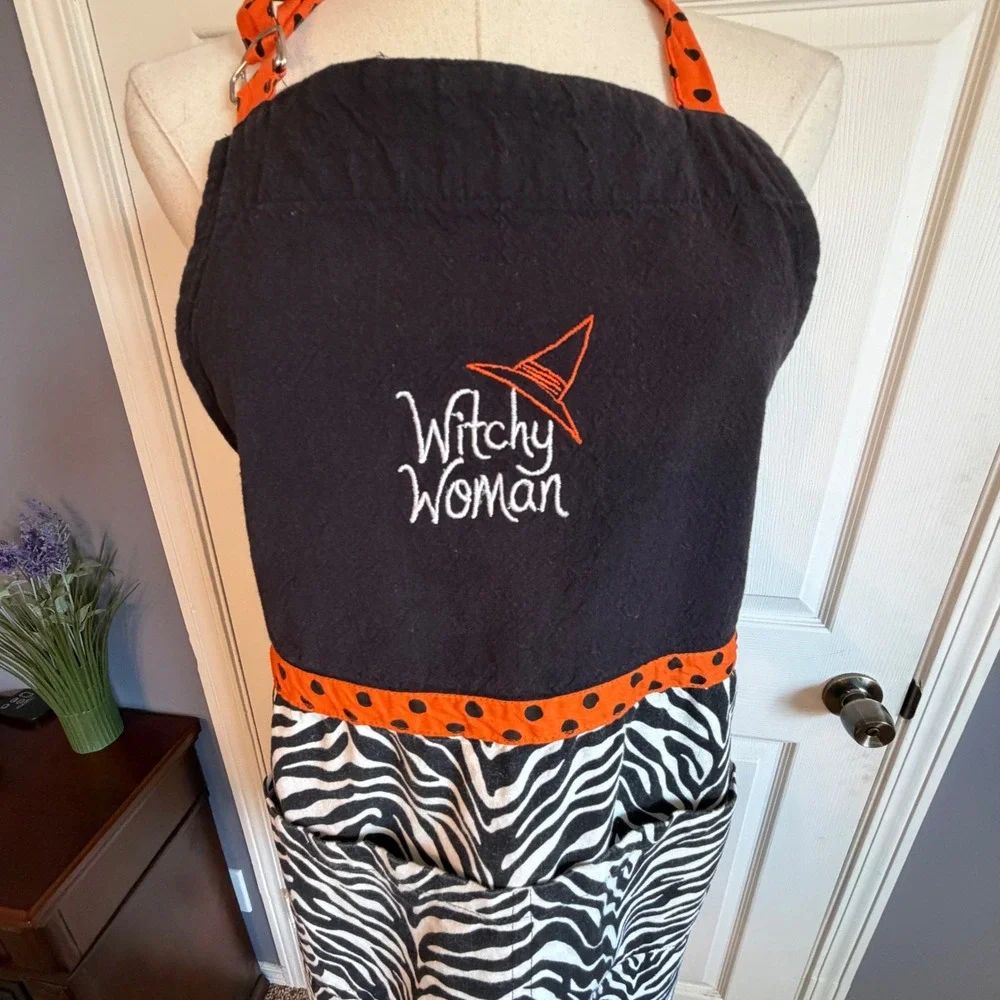 Witchy Woman Halloween Apron Zebra Print Orange Polka Dot Pockets Adjustable